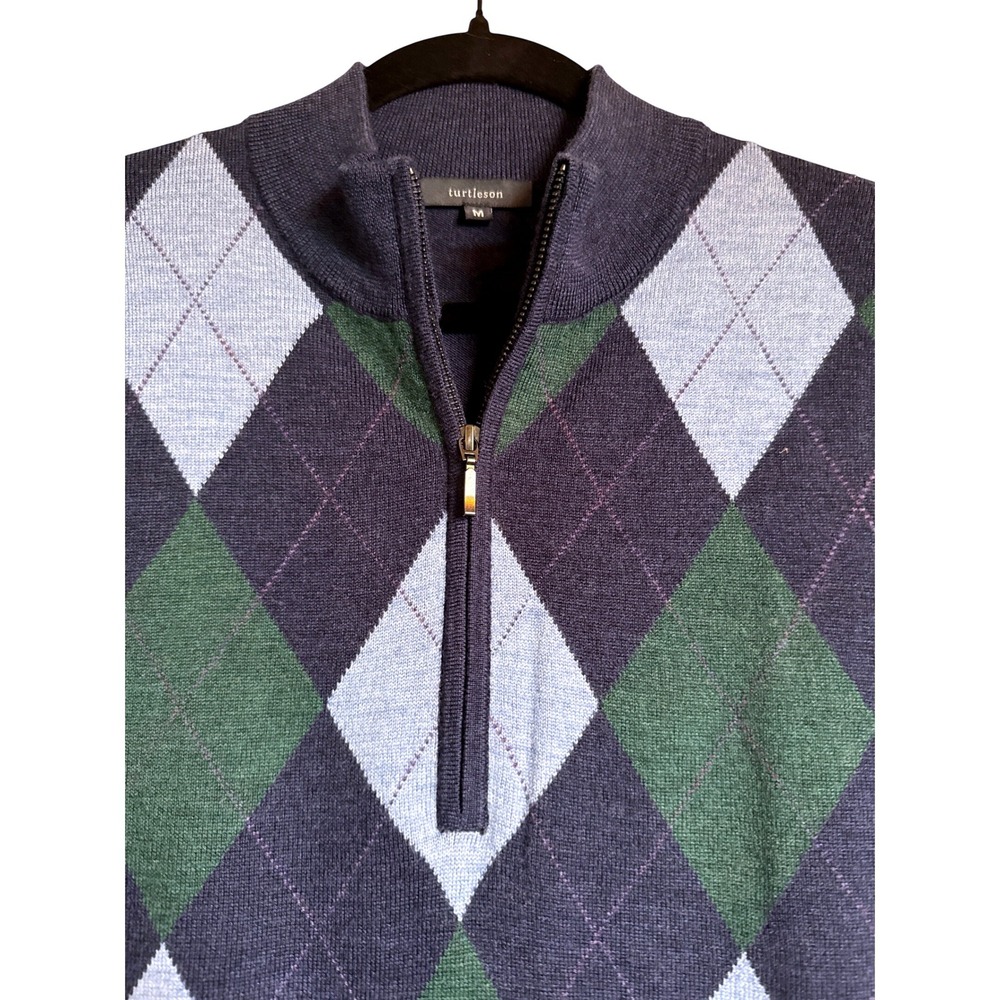 Preppy Golf Old Money Turtleson Argyle 1/4‎ Zip Vest 100% Merino Wool Sz M